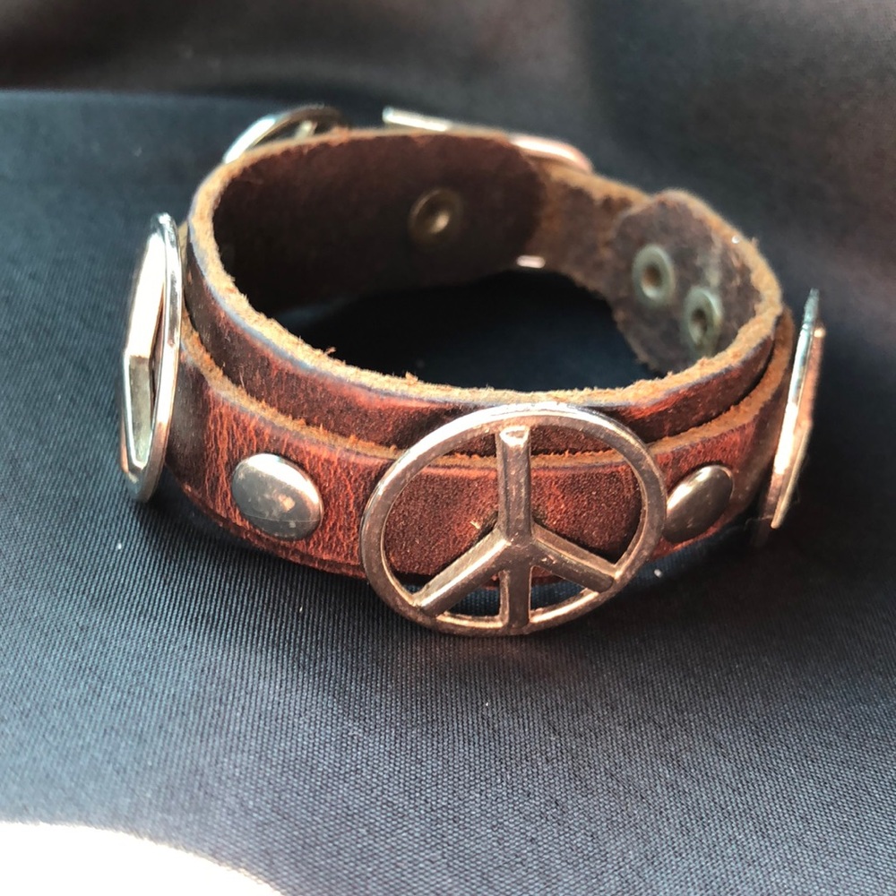 Distressed Leather Studded Peace Sign Bracelet